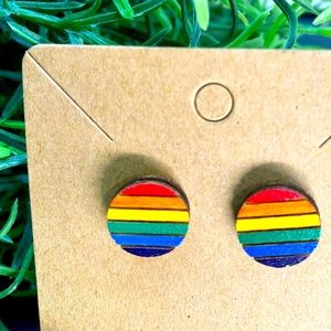 Hand Painted Gay Pride Rainbow Flag Wood Stud Earrings